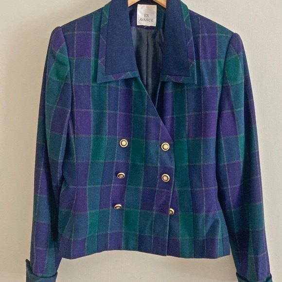 ☀️VINTAGE En Avance tartan checkered double breasted blazer jacket - Picture 1 of 8